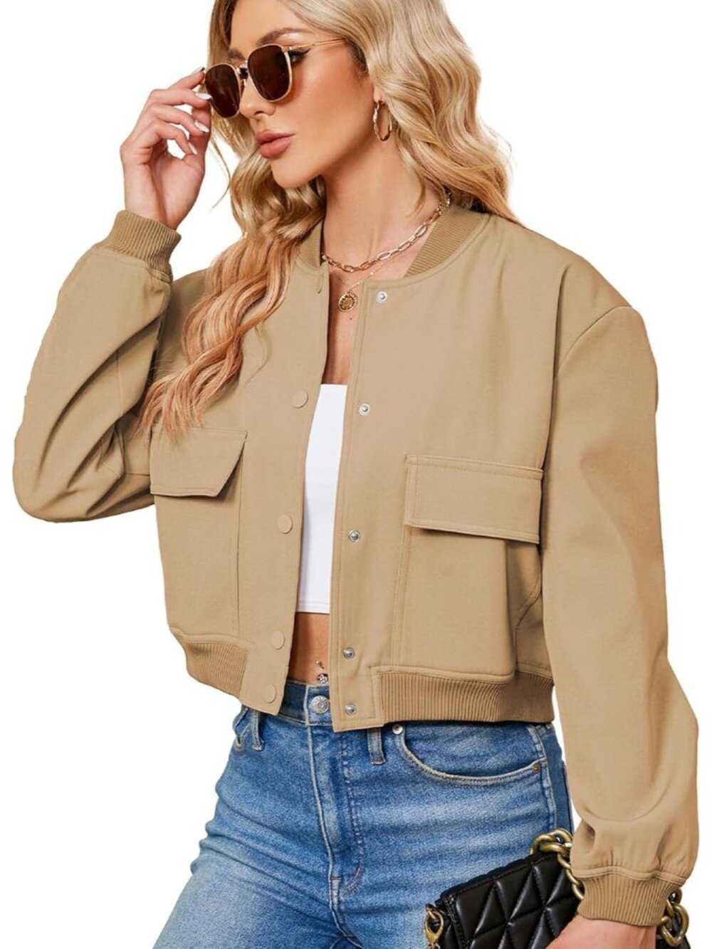 Women's Khaki Stylish Short Trendy Casual Lightweight Side Pocket Bomber Jackets